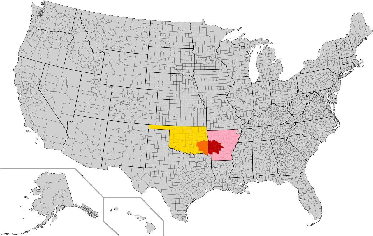 Ouachita mountains within the states of Arkansas and Oklahoma